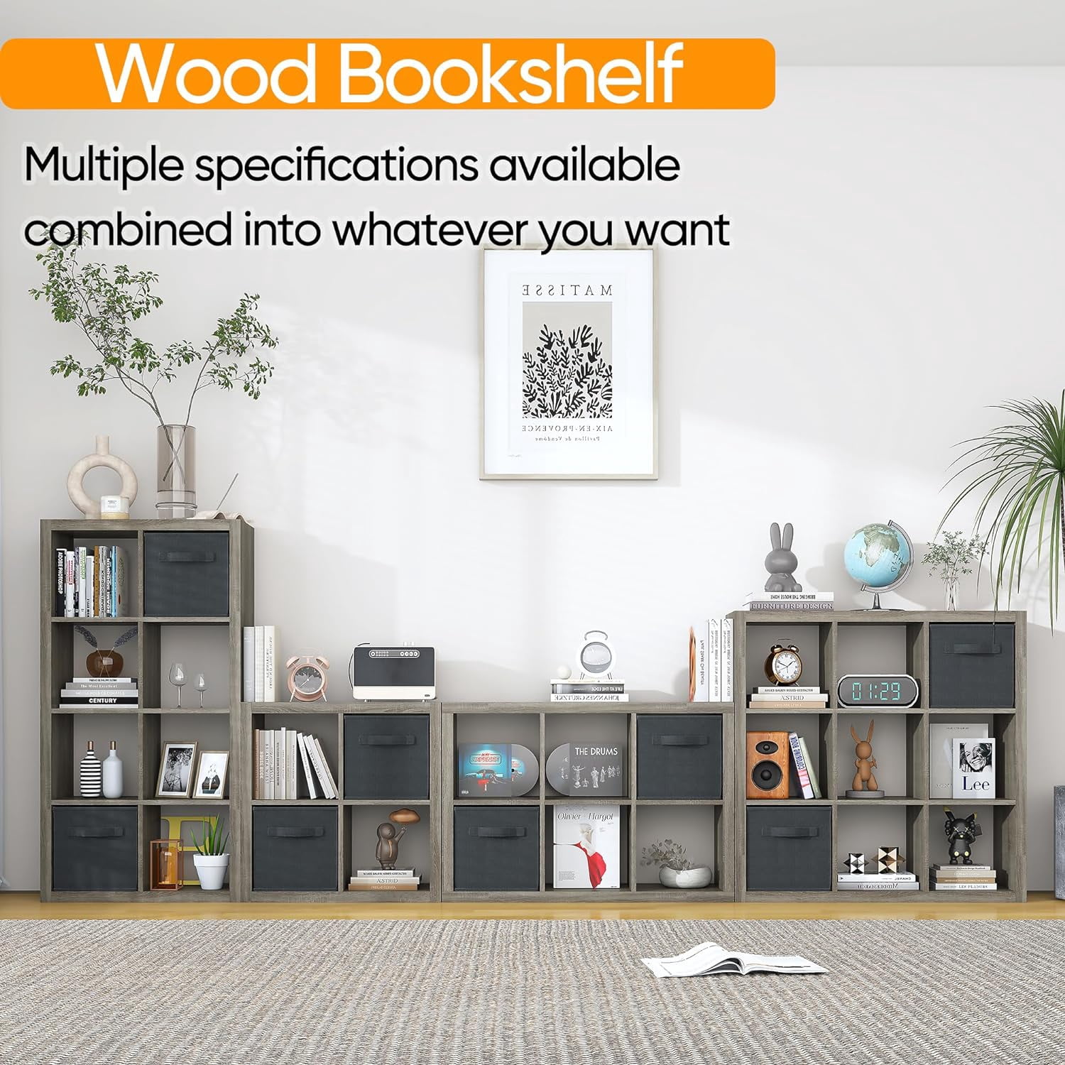 9 Cube Shelf, Closet Storage Organizers, Modern Open Bookcase with Bins, Multifunctional Display Cube Bookshelves for Living Room, Bedroom, Home Office, Gray Oak