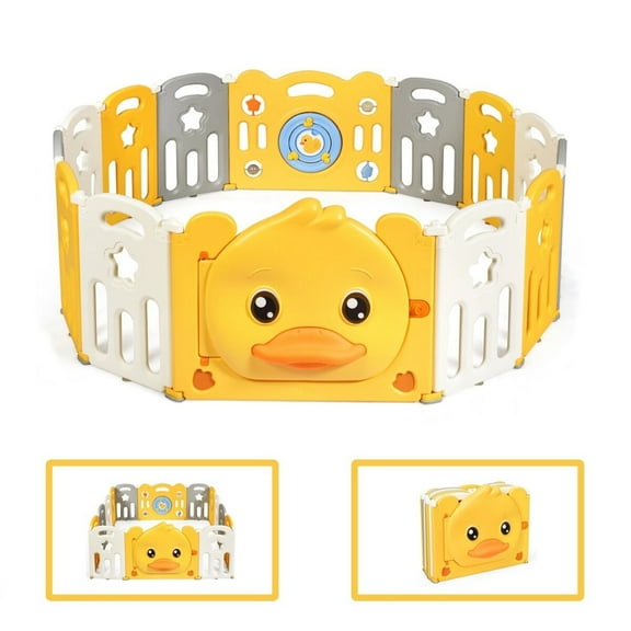 Parque Plegable para Niños Costway 14 Piezas Diseño de Pato Amarillo y Blanco 160 x 169 x 67,5 cm