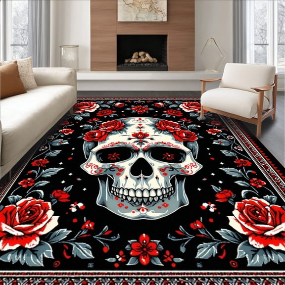 Flatwoven High Traffic Area Rug, Gothic Rose Floral Elegance, Non Slip, Stain Resistant, Washable Area Rugs for Living Room, Bedroom(Black, 4X6)