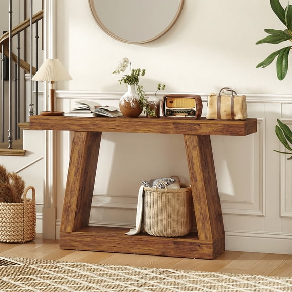 HOMCOM 55" Farmhouse Console Table, 2-Tier Entryway Table with Storage and Thickened Tabletop for Hallway, Living Room, Behind Couch, Rustic Brown