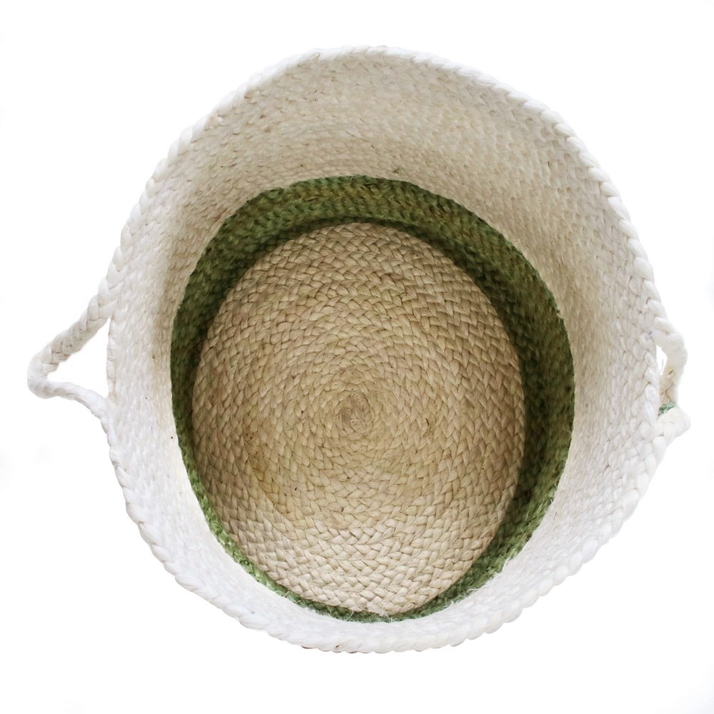 LR Home Woven Round Jute 19" Storage Basket with Handles, Green/White Stripe