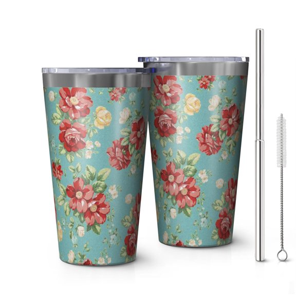 16oz Tumblers Pioneer Flower Stainless Steel Vacuum Insulated Double Wall Travel Tumbler Cups Mug with Lid and Straw,Cleaning Brush for Coffee,Tea
