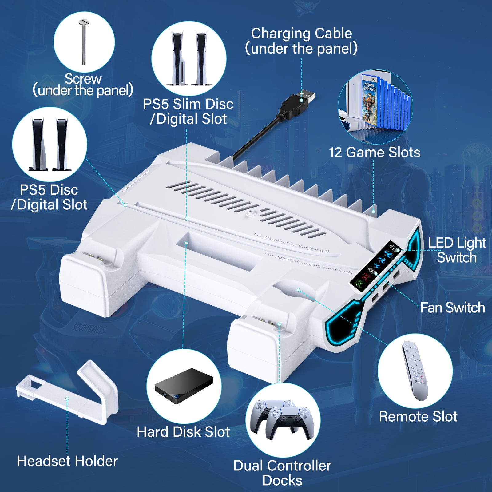 PS5 Stand with Cooling Fan, PS5 Cooling Station with Dual Controller Charging Station,PS5 Accessories for PS5 Standard Edition & Slim Edition & Pro Edition consoles - 3 Levels Fan & 3 USB Hubs,White