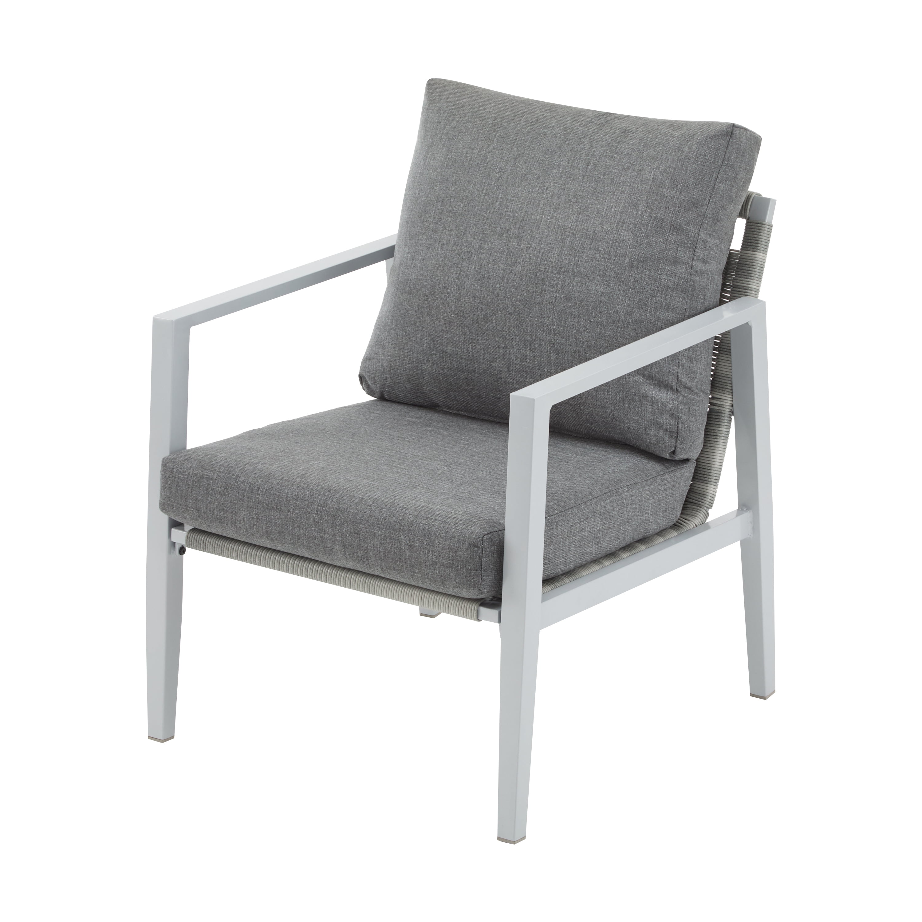 Accent Lounge Chair, Silver Aluminum Chair with Sleek Rope Details and Comfort Cushions for Patio, Silver and White