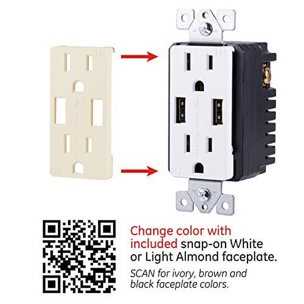 (2 pack) GE UltraPro 2-Outlet, 2-USB in-Wall Receptacle, White/Light Almond, 15A - 40405