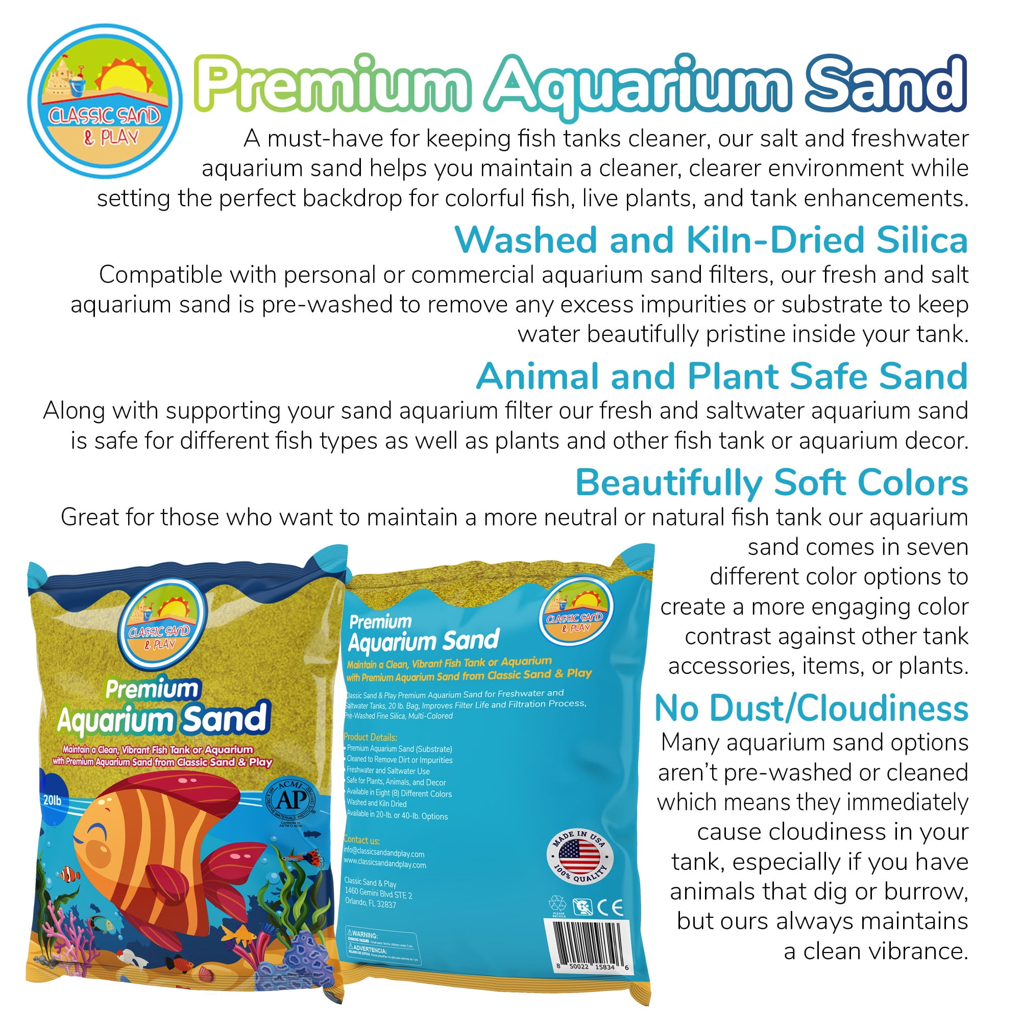 CLASSIC SAND & PLAY Natural Aquarium Sand for Freshwater and Saltwater Tanks, 20 lb.  Yellow