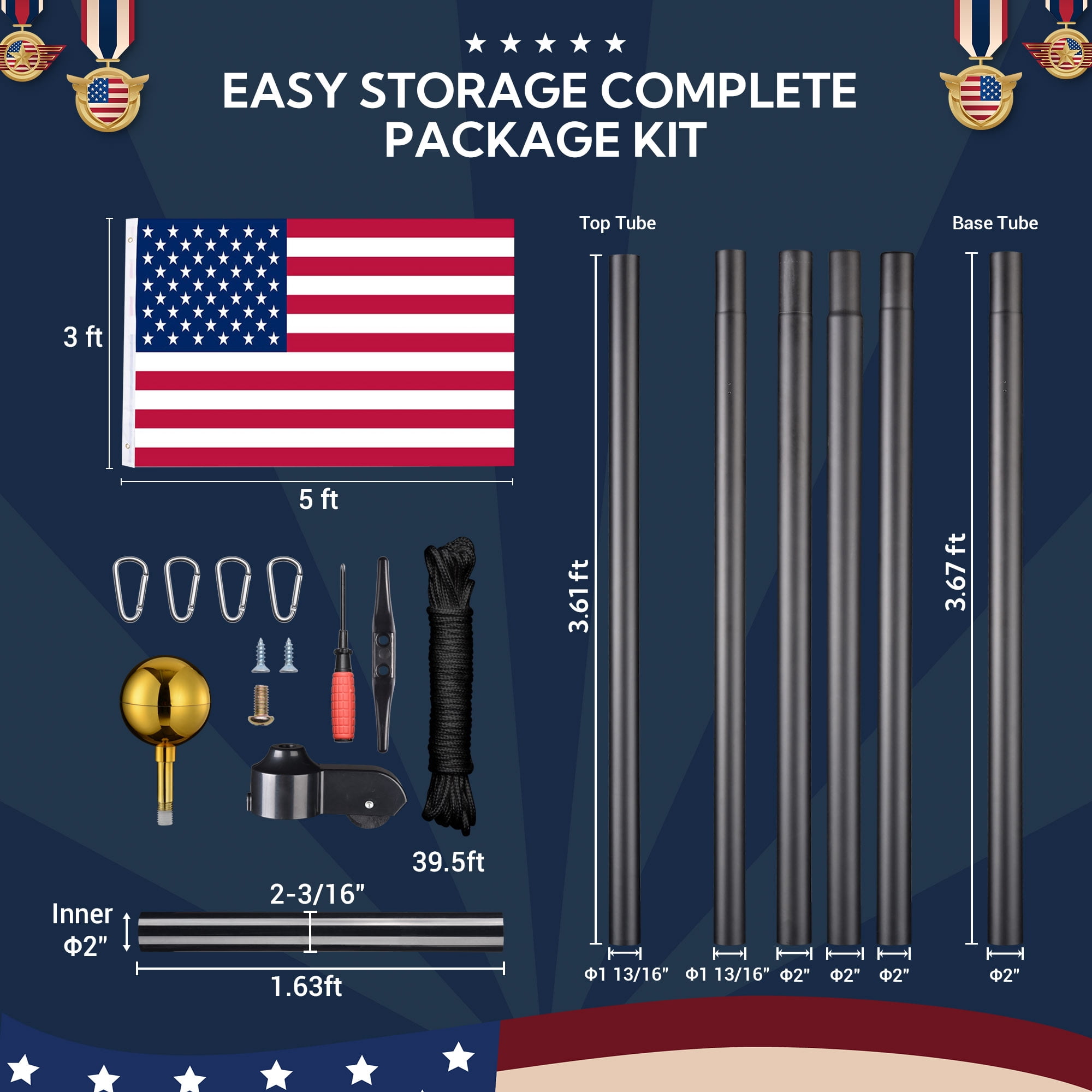 Yescom Bravery 20ft 13 Gauge Sectional Flag Pole Kit Aluminum for Outside House Inground Yard Garden Residential Black