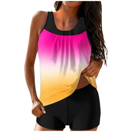 FAVIPT Swimsuits for Women Two Piece Pleated Gradient Color Tank Tops with Boyshorts Bathing Suits Tummy Control Casual Trendy Summer 2025 Swimwear Yellow L