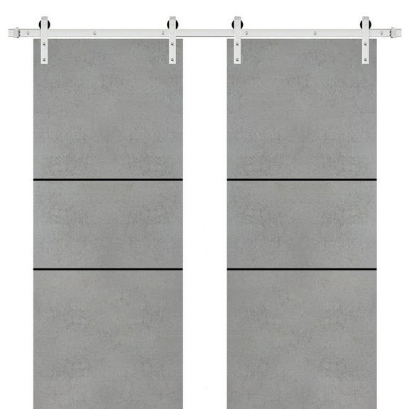 Sturdy Double Barn Door 36 x 80 inches with | Planum 0014 Concrete with Frosted Glass | Stainless Steel 13FT Rail Hangers Heavy Set | Solid Panel Interior Doors