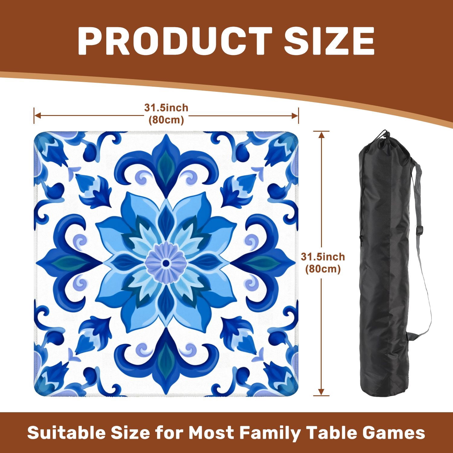Mahjong Mat 31.5" x 31.5" Blue Floral Ceramic Tile Symmetrical Design Non-Slip Noise Reduction American Mahjong Tiles Table Cover for Dominoes Poker Card Board Games Gift