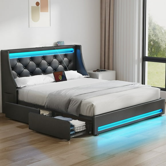 Greenstell Smart Charging Storage Bed Frame - 900lbs Capacity Noise-Free, Queen, Black