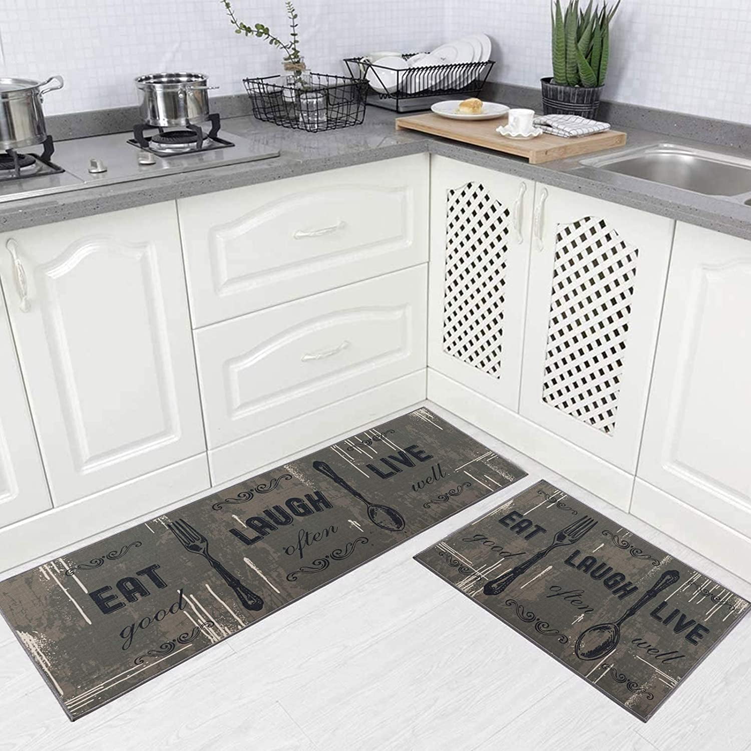 Newlake 2 Piece Kitchen Rug Set Non-Slip Backing Mat Motto Design ...