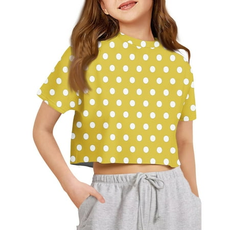 Inglocry Girls Short Sleeve Crop Tops Kids Fashion Oversized Cute Crew Neck Cropped Athletic T Shirts Oversized T-Shirt Polka Dot Graphic Tees Yellow 9-10Y