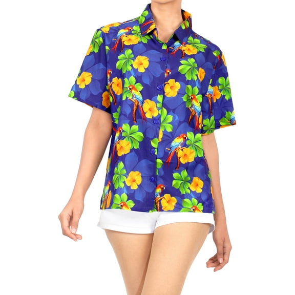 HAPPY BAY Button Down Shirt for Women Floral Summer Beach Party Blouse Shirt Hawaiian T-shirts Short Sleeve Vacation Dress Shirts Colourful Blouses for Women M Tropical Bird, Blue