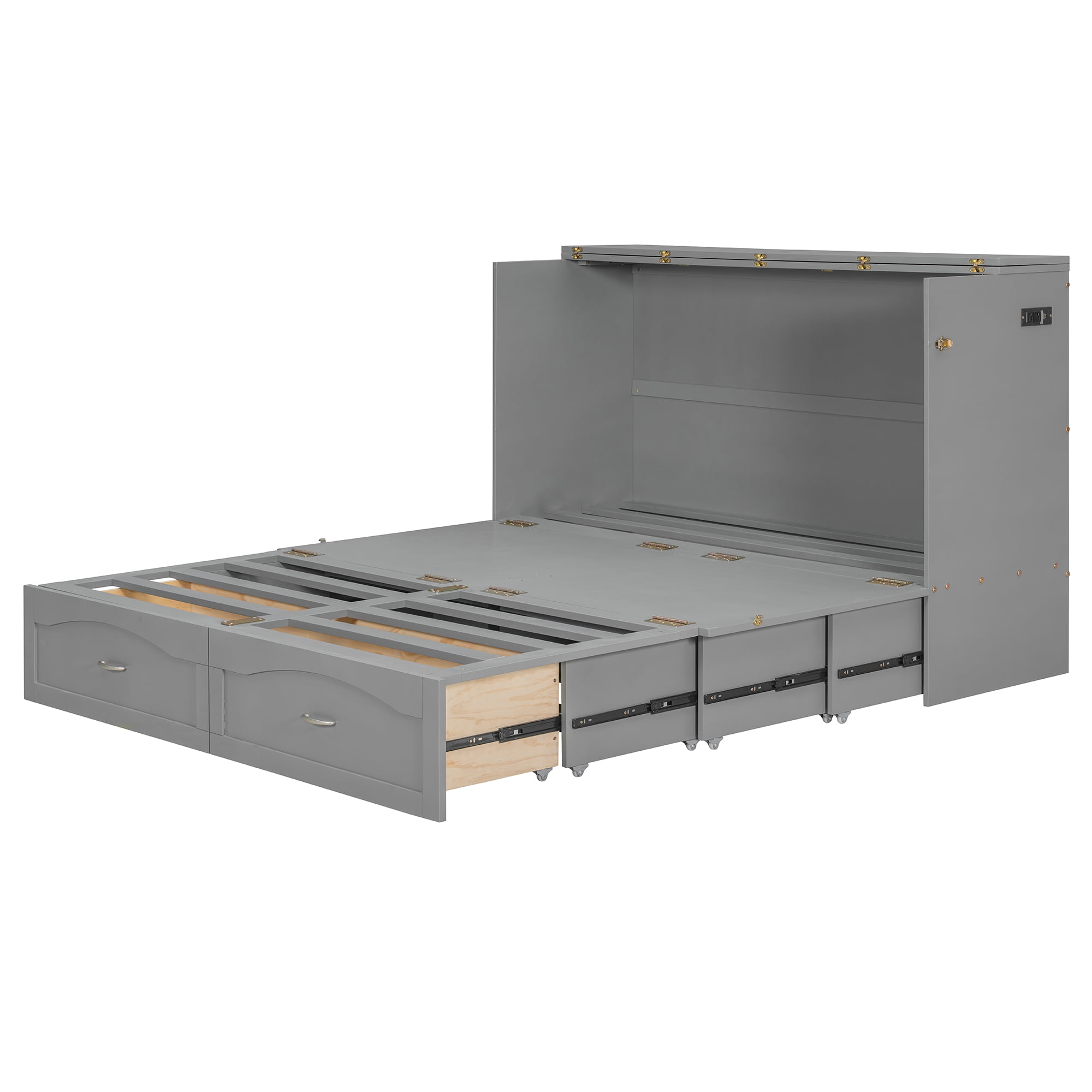 Mintazer Queen Size Murphy Bed with Drawers & Charge Station, Foldable Cabinet Wall Bed for Guest Room Home Office Small Apartment, Gray