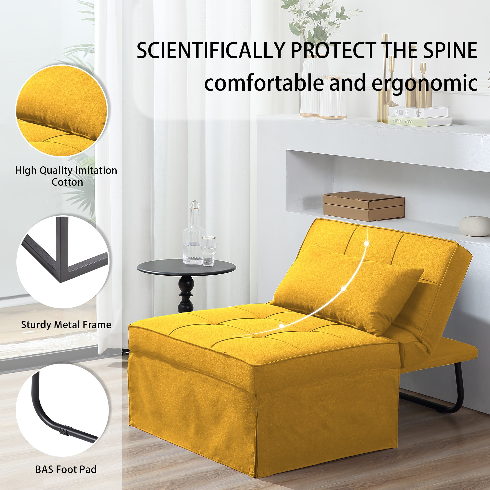 BIGSYY 4-in-1 Multi-Function Folding Ottoman Velvet Couch Bed - Adjustable Backrest for All Ages, Ideal for Living Room, Apartment & Office, Yellow