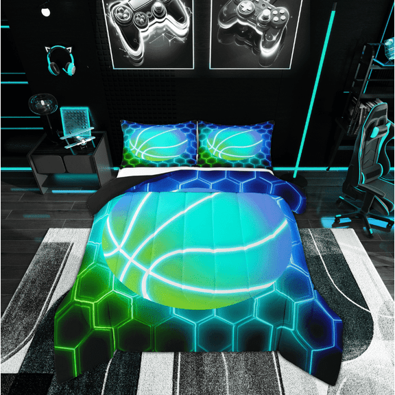 Manfei Neon Basketball Comforter Sets Twin Size, Futuristic Honeycomb Down Comforter, Sport Player Reversible Bedding Twin Comforter Set, Breathable Room Decor, 2 Pieces
