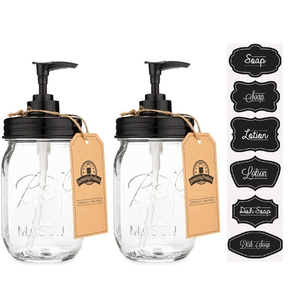 Jarmazing Products Black Mason Jar Soap Dispenser Jars - 2 pack - Rust proof plastic with Genuine Ball Pint Jars