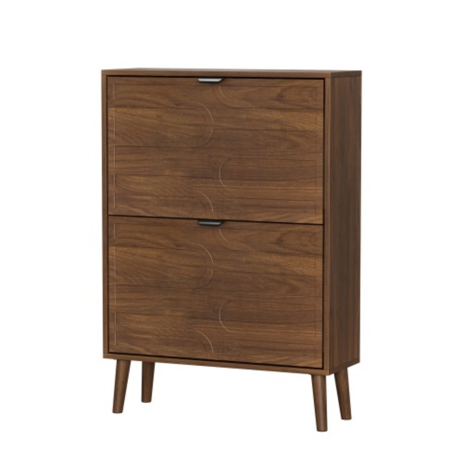Medieval Modern Shoe Cabinet, 24" Walnut Entryway Shoe Storage Cabinet with 2 Flip Drawers, Slim Freestanding Shoe Organizer for Hallway, Corridor, Entryway
