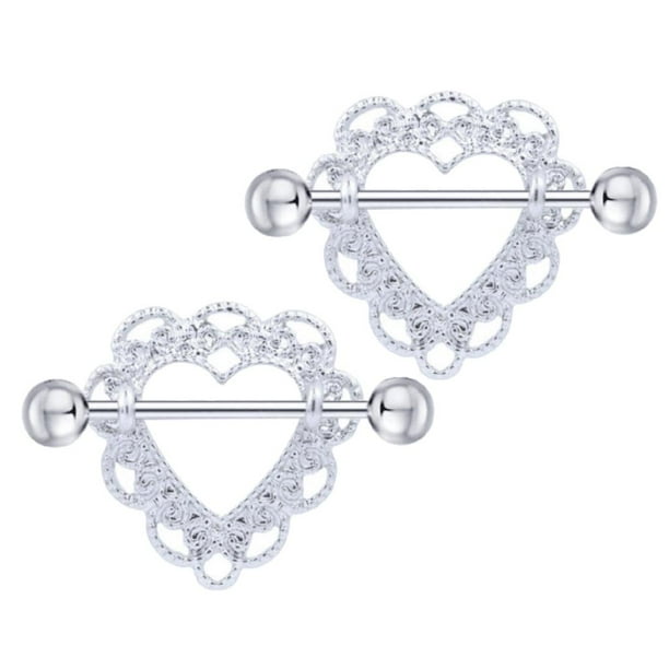 2x Piercing para pezón de acero inoxidable con forma de corazón Plata