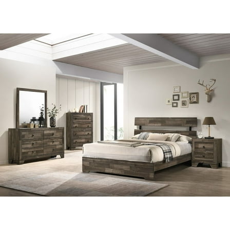 Rustic Brown Finish 6pc Queen Size Platform Bedroom Set Bed Dresser Mirror Nightstands Chest