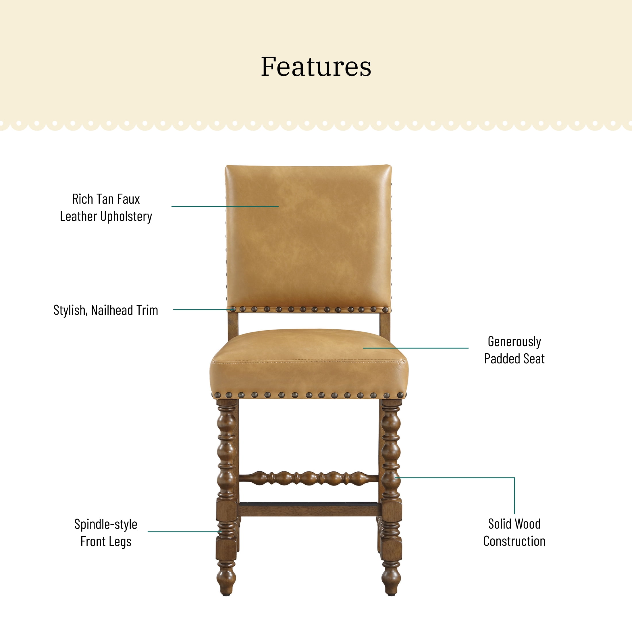 The Pioneer Woman Harper Faux Leather Counter Stools, Set of 2, Tan Fabric Upholstery