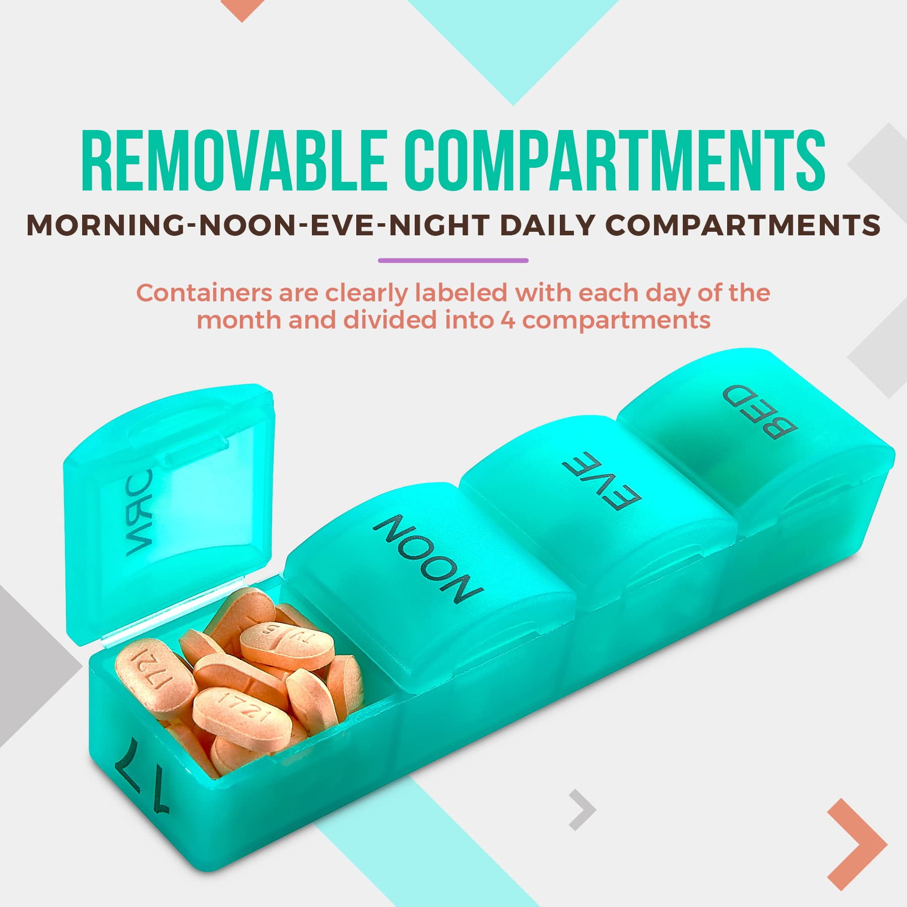 MEDca Monthly Pill Organizer - 32 Daily Cases, 4 Times a Day, Rainbow