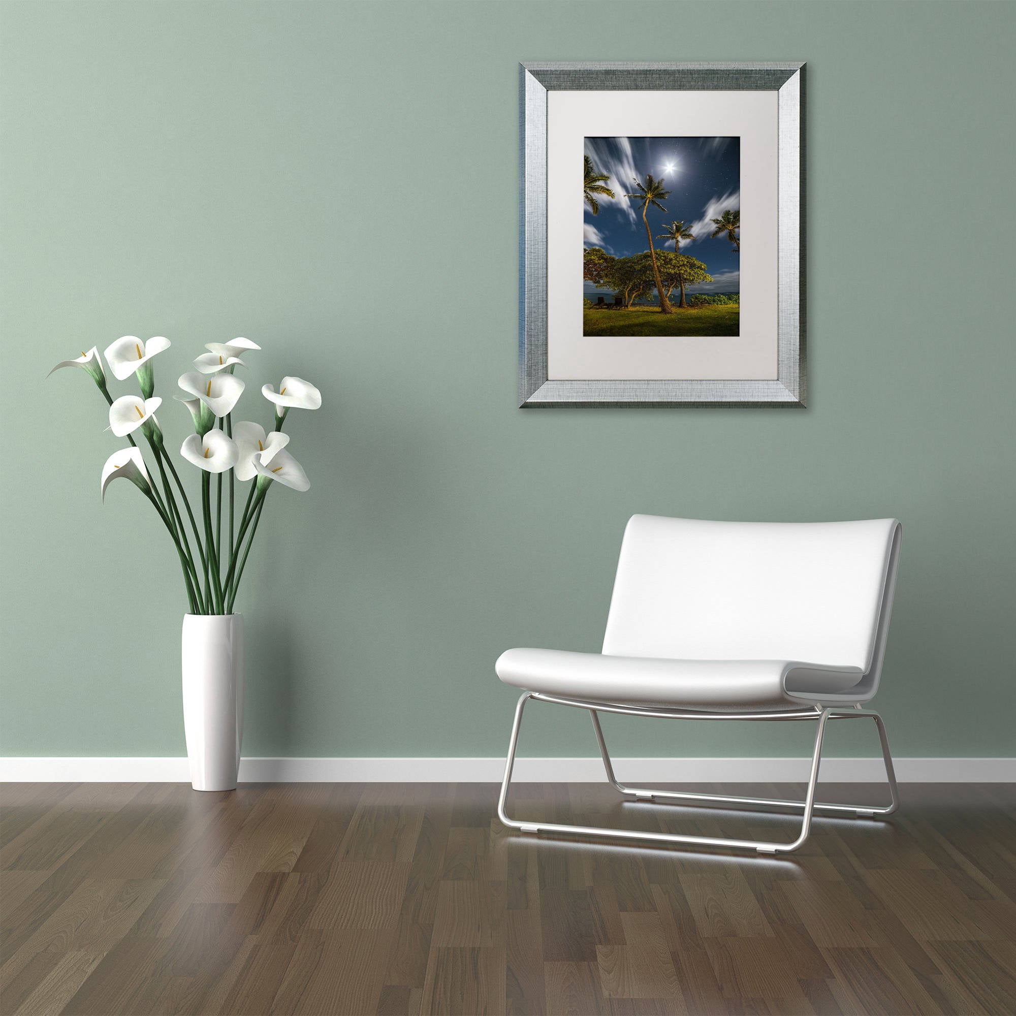 Trademark Fine Art 'Moonlit Palm Trees' Canvas Art by Pierre Leclerc, White Matte, Silver Frame