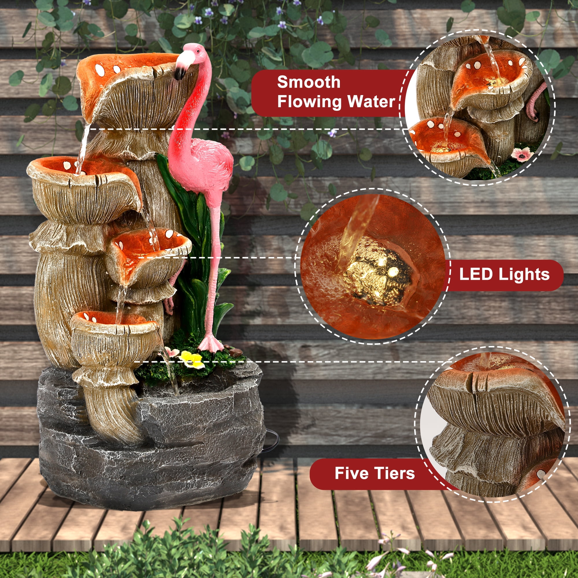 Haverchair 5 Tier Outdoor Flamingo Rock Fountain with Running Water, Bird Decorative Art with 5 LED Lights for Garden, Backyard and Porch, 24.4" H Cascading Stone Fountain