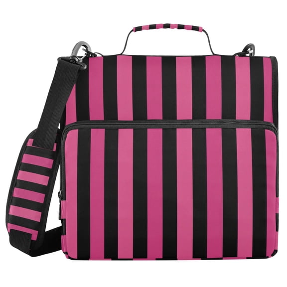 Black Pinkish Narrow Stripes Binder Bag with Shoulder Strap 3 Ring Zipper Binder File Folder Document Storage