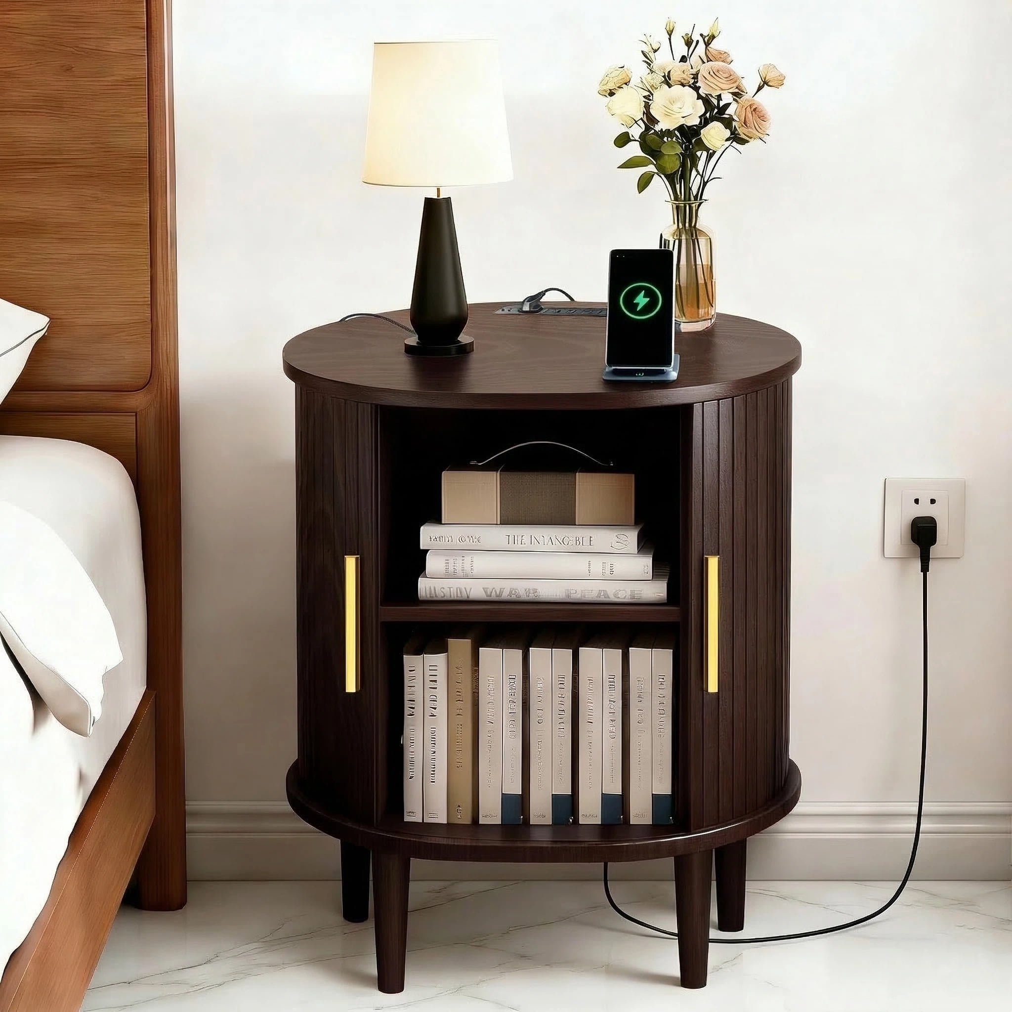 Aisword Nightstand with Charging Station, Fluted Accent Side Table with Sliding Door and Adjustable Shelf, End Table for Small Space, Brown