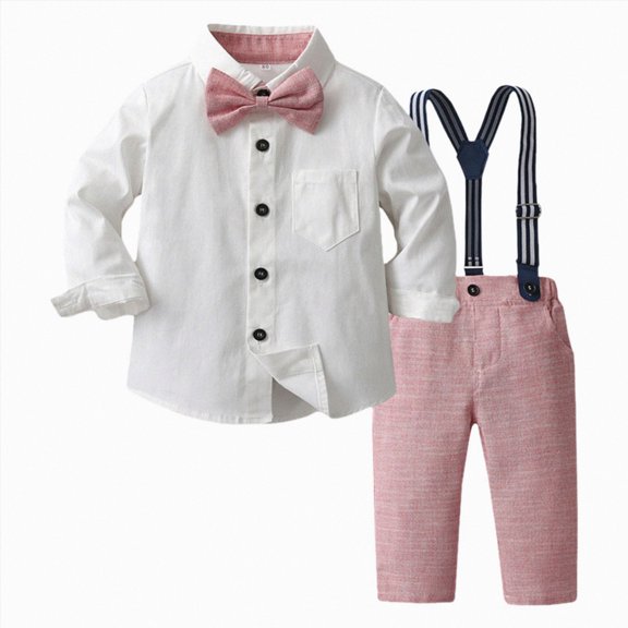 YDFCWXW Boys Clothes Set Toddler Gentlemen Wedding Suit Long Sleeve Bowtie Formal Shirts Suspenders Pants Outfits (Pink, 7-8 Years)