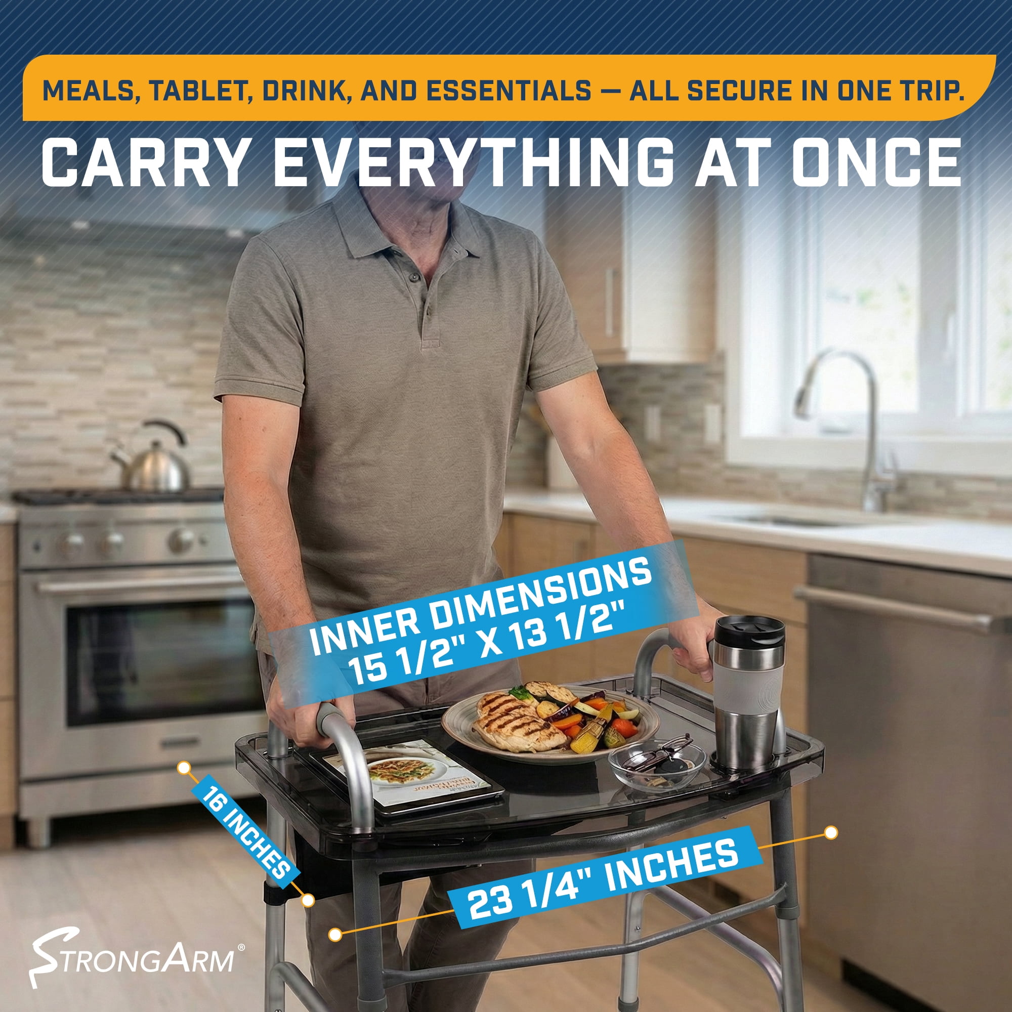 StrongArm Clearview Walker Tray – Adjustable Tray for Folding Walkers, Seniors, with Cup Holder, Food Tray, Walker Accessories, Tray Table for Standard Adult Walkers