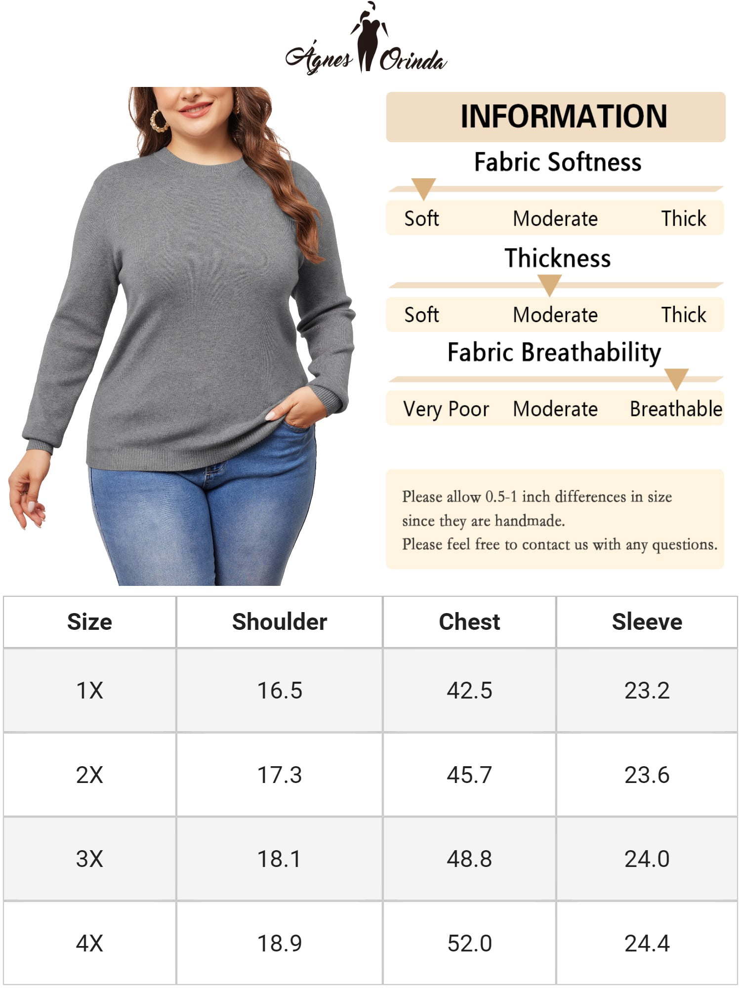DARING DIVA Plus Size Long Sleeve Crewneck Sweater Fall Casual Tops 1X Grey