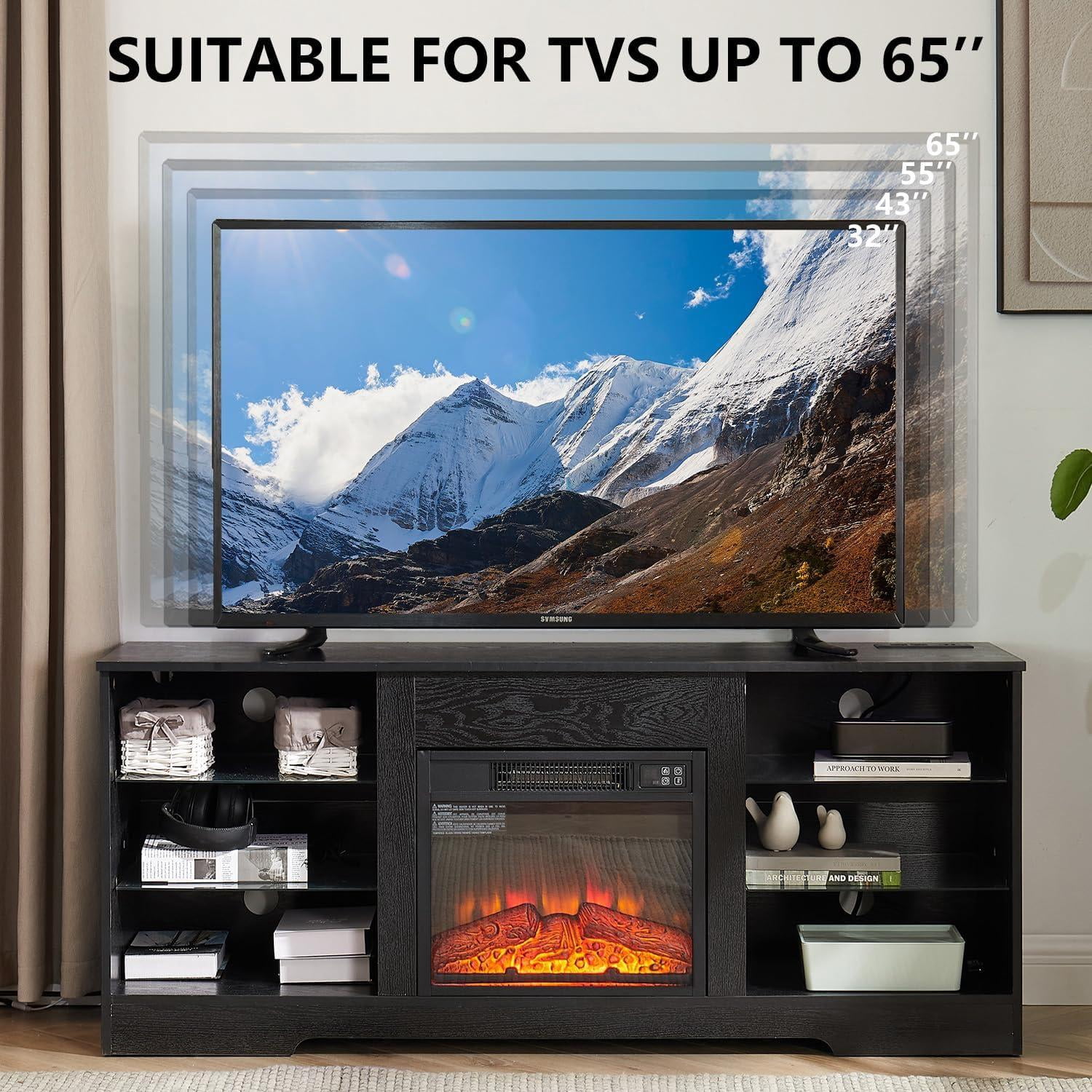Electric Fireplace TV Stand with LED Lights and Charging Outlets, Black TV Console for TVs Up to 65", Modern Entertainment Center, TV Stand for Bedroom