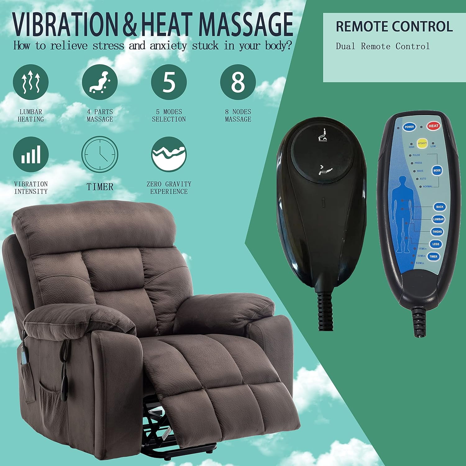Lift Recliner for Big and Tall Seniors, Lift Chair with Heat and Vibration Massage, 2 Side Pockets, 2 Cup Holder, 2 Remote, OKIN Motor