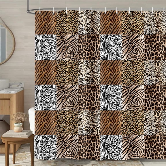 African Wild Animal Printed Patchwork Shower Curtain Brown Leopard Zebra Print Shower Curtains Polyester Fabric Jungle Safari Print Bathroom Curtain Decor with Hooks-72"W x 96"L (Pack of 1)