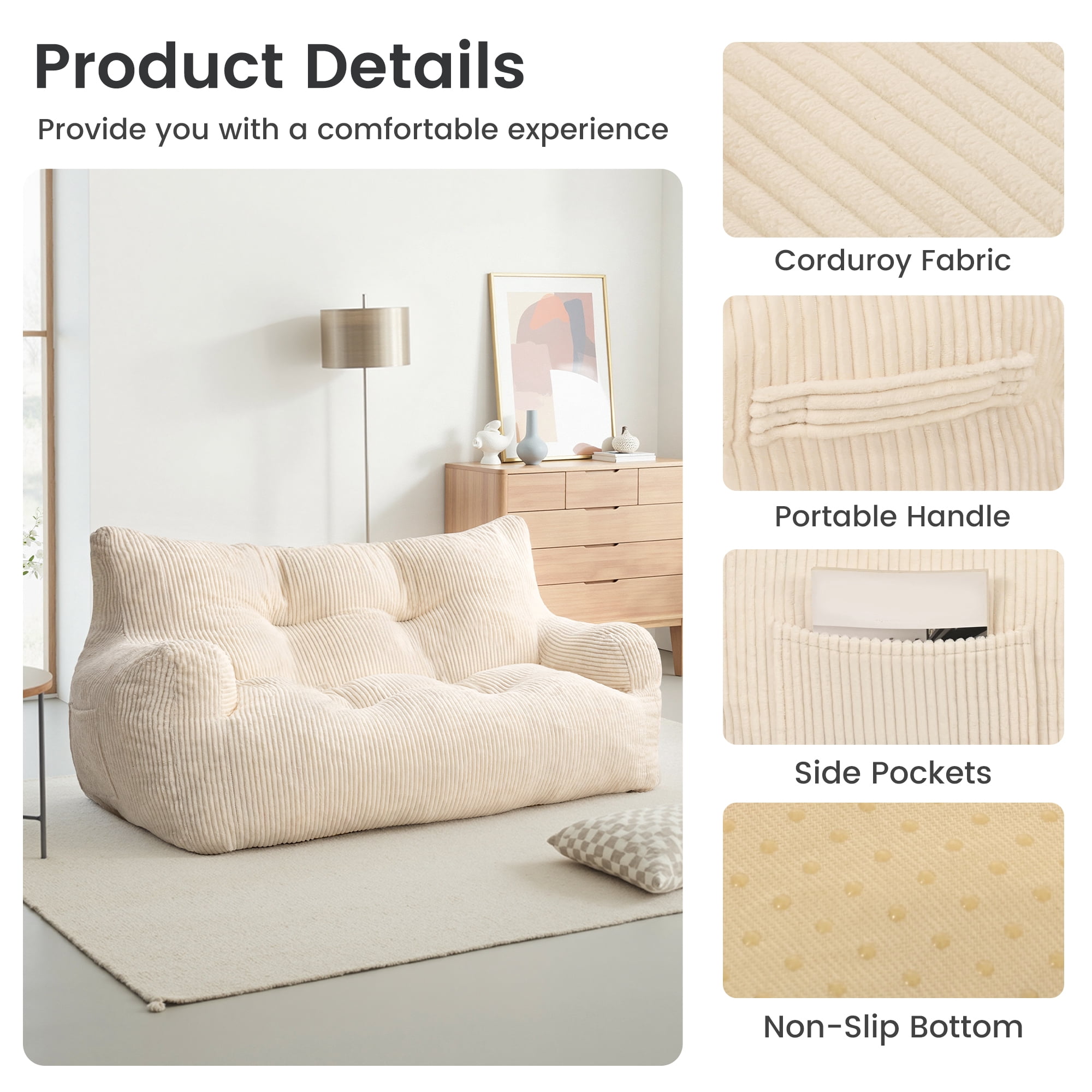 2-Person Foam Filled Bean Bag Chair, Plush Corduroy Lazy Sofa