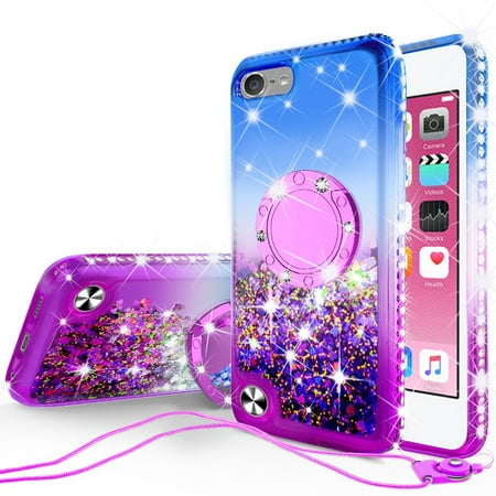 Apple iPod Touch 6/Touch 5 Case, Girls Women Bling Liquid Glitter Phone Case Ring Kickstand Shock Proof Floating Quicksand Protective Cover for iPod Touch 6th/Touch 5th Gen - Purple