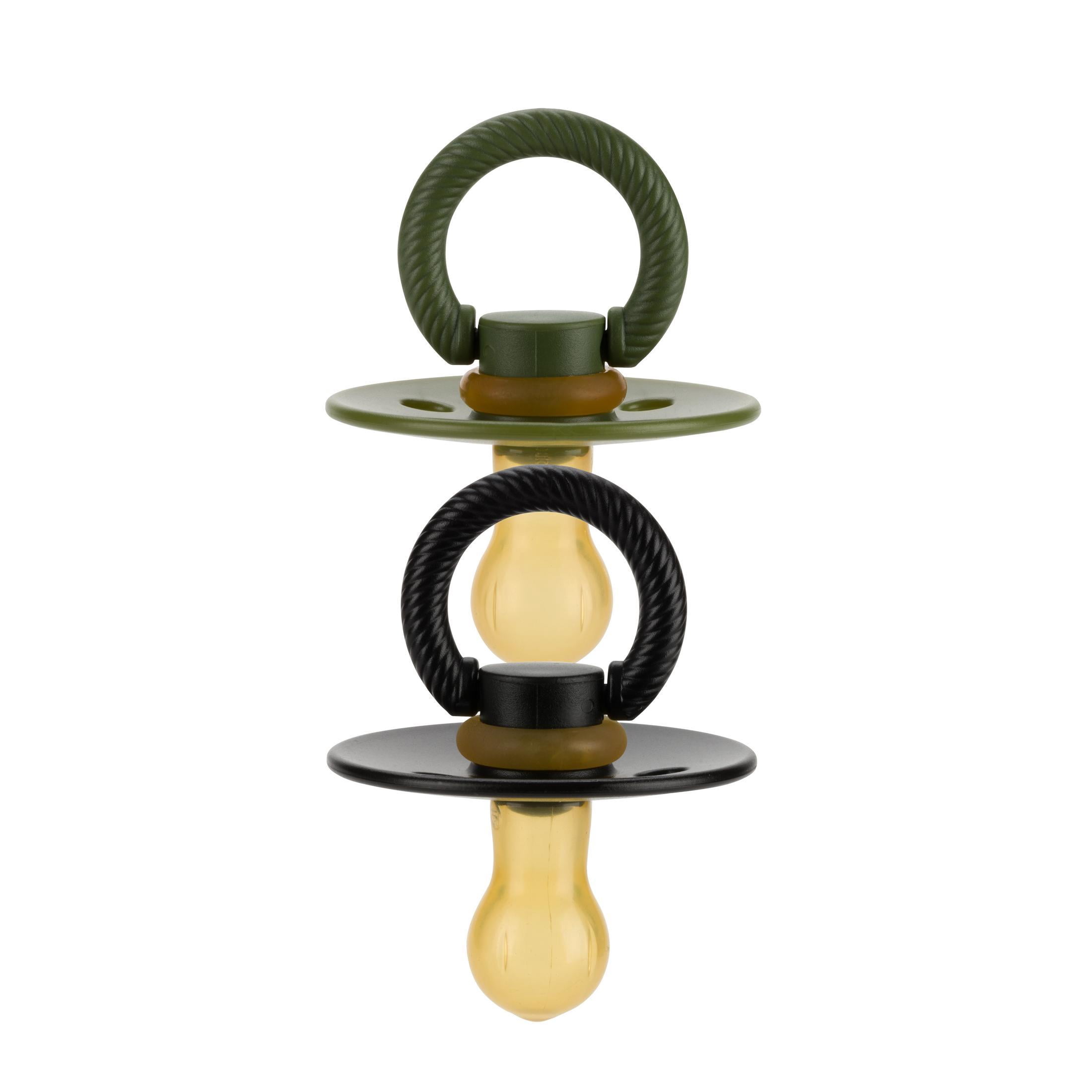 Itzy Ritzy Natural Rubber Pacifiers Set of 2 – Natural Rubber Newborn Pacifiers with Cherry-Shaped Nipple & Large Air Holes for Added Safety; Set of 2 in Camo & Midnight, Ages 0 – 6 Months