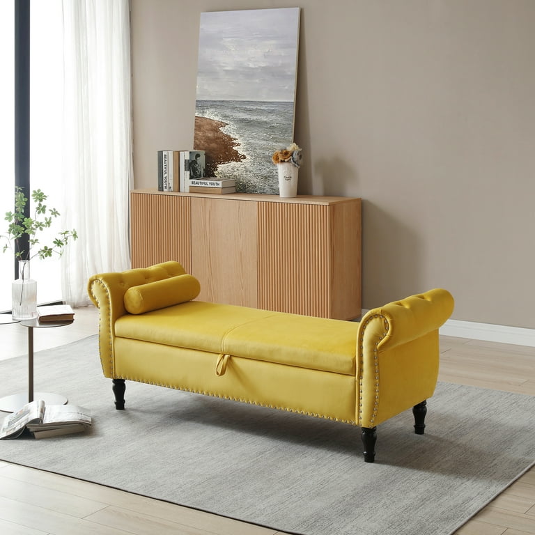 63 Velvet Upholstered Bench Sofa Stool Multifunctional Storage Ottoman Rolled Armed Long With Nailhead Trim And 1 Pillow Ons Tufted Footrest For Bedroom Yellow Com