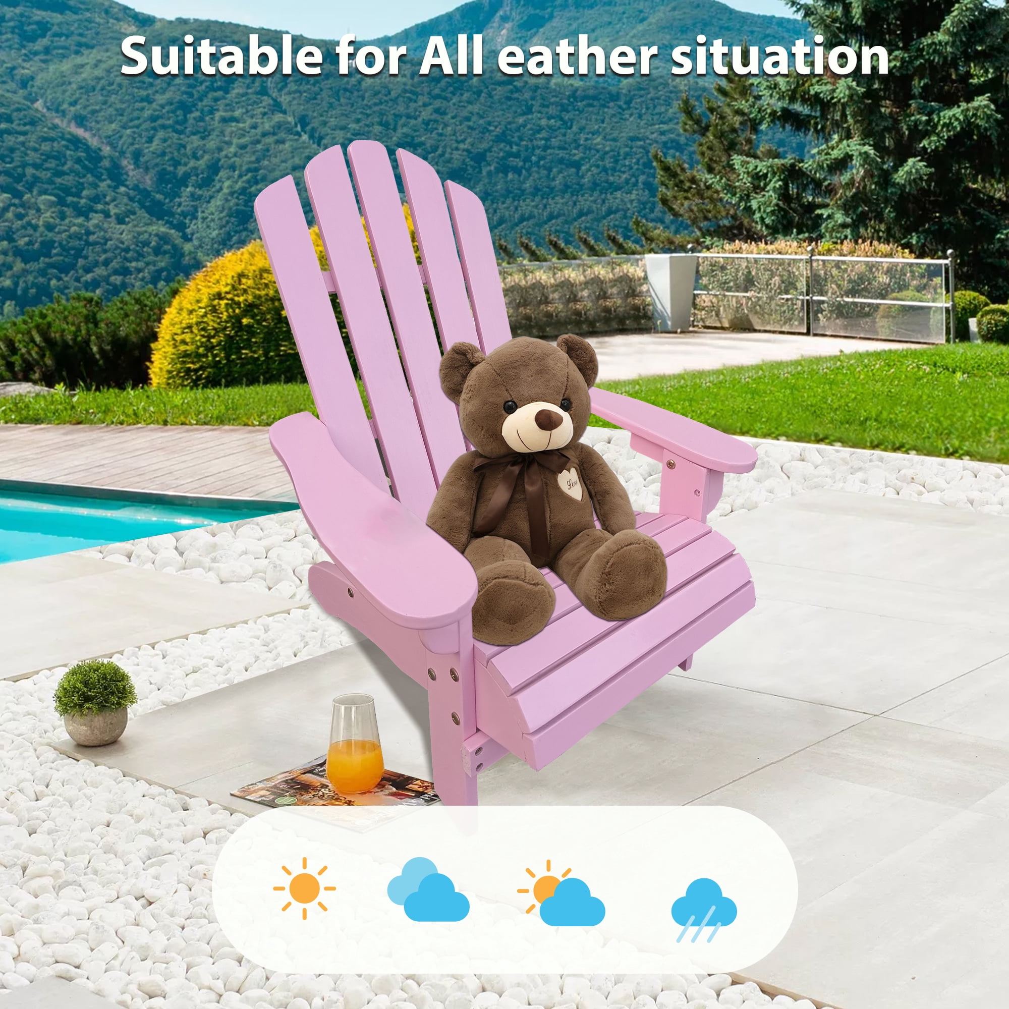 JONPONY Children Outsunny Wooden Adirondack Chair, Ergonomic Design Patio Lawn Chair for Outside Deck Garden Backyard Balcony,Pink