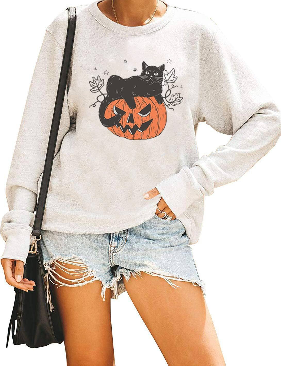 VILOVE Black Cat On Pumpkin Sweatshirt Women Fall Sweatshirt Funny ...