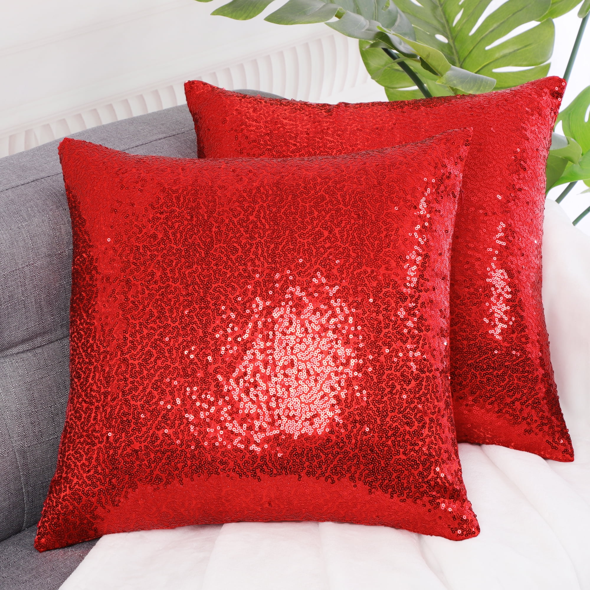Unique Bargains 2 Pack Sequins Decorative Throw Pillow Covers 16" x16" Red