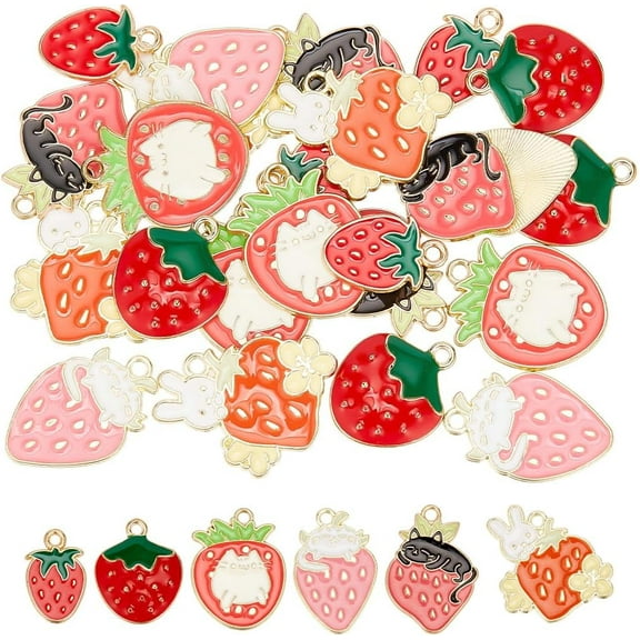 24pcs 6 style Zinc Alloy Enamel Pendants Light golden Strawberry Charm Mixed color 18.5~25x11.5~22x1.3~1.5mm Hole: 1.8~2mm 4pcs/style