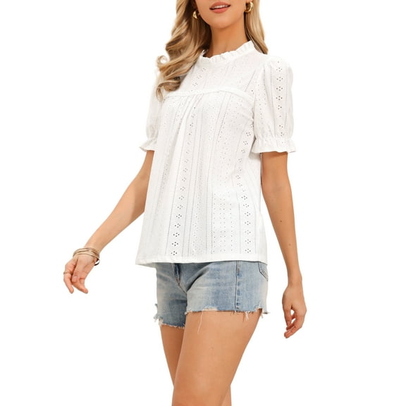 INSPIRE CHIC Boho Puff Sleeve Tops for Women's Casual Ruffle Shirt Eyelet Embroidered Lace Blouse XS White