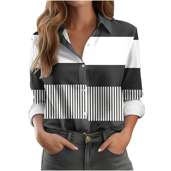 Womens Striped Button Down Shirt Long Sleeve Color Block Blouse Lapel Collared Casual Work Office Tops