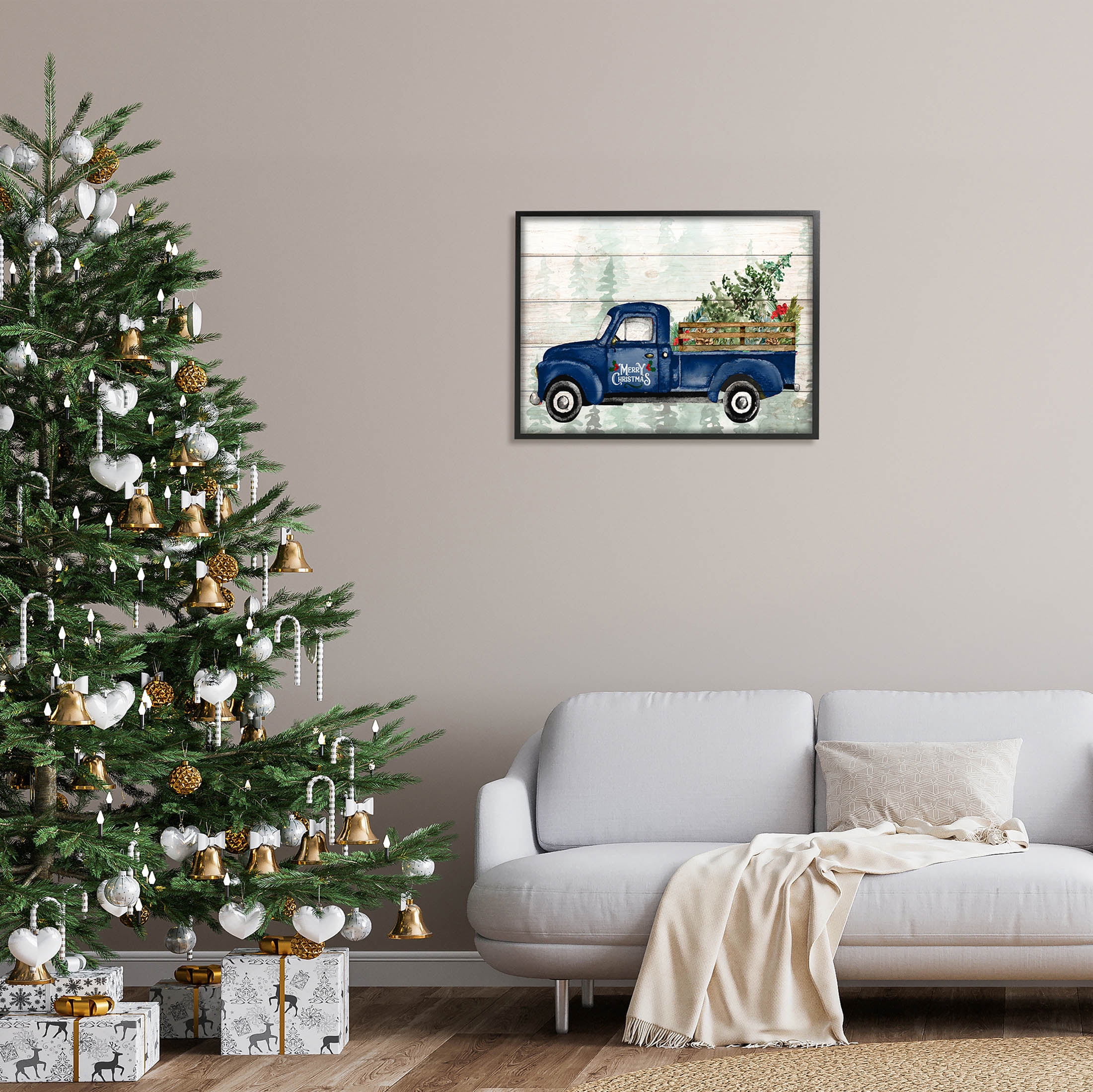 Stupell Industries Merry Christmas Blue Holiday Truck Graphic Art Black Framed Art Print Wall Art, Design by Kim Allen
