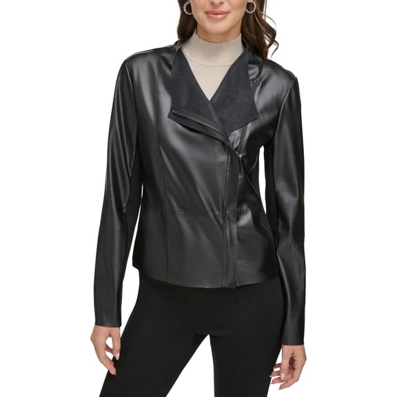 DKNY Womens Faux Leather Short Motorcycle Jacket