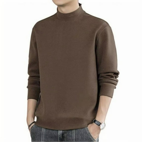 Dresfit Mens Big and Tall Sweater Winter Knitted Sweaters High Neck Long Sleeve Crew Neck Thermal Underwear Solid Color Thick Oversized Wool Pullover Sweaters Coffee M
